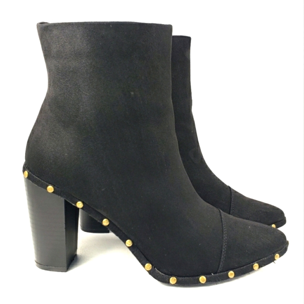 JustFab Maryanne Black Faux-suede, Studded Pointy Toe Heeled Bootie. WMS 8.5M